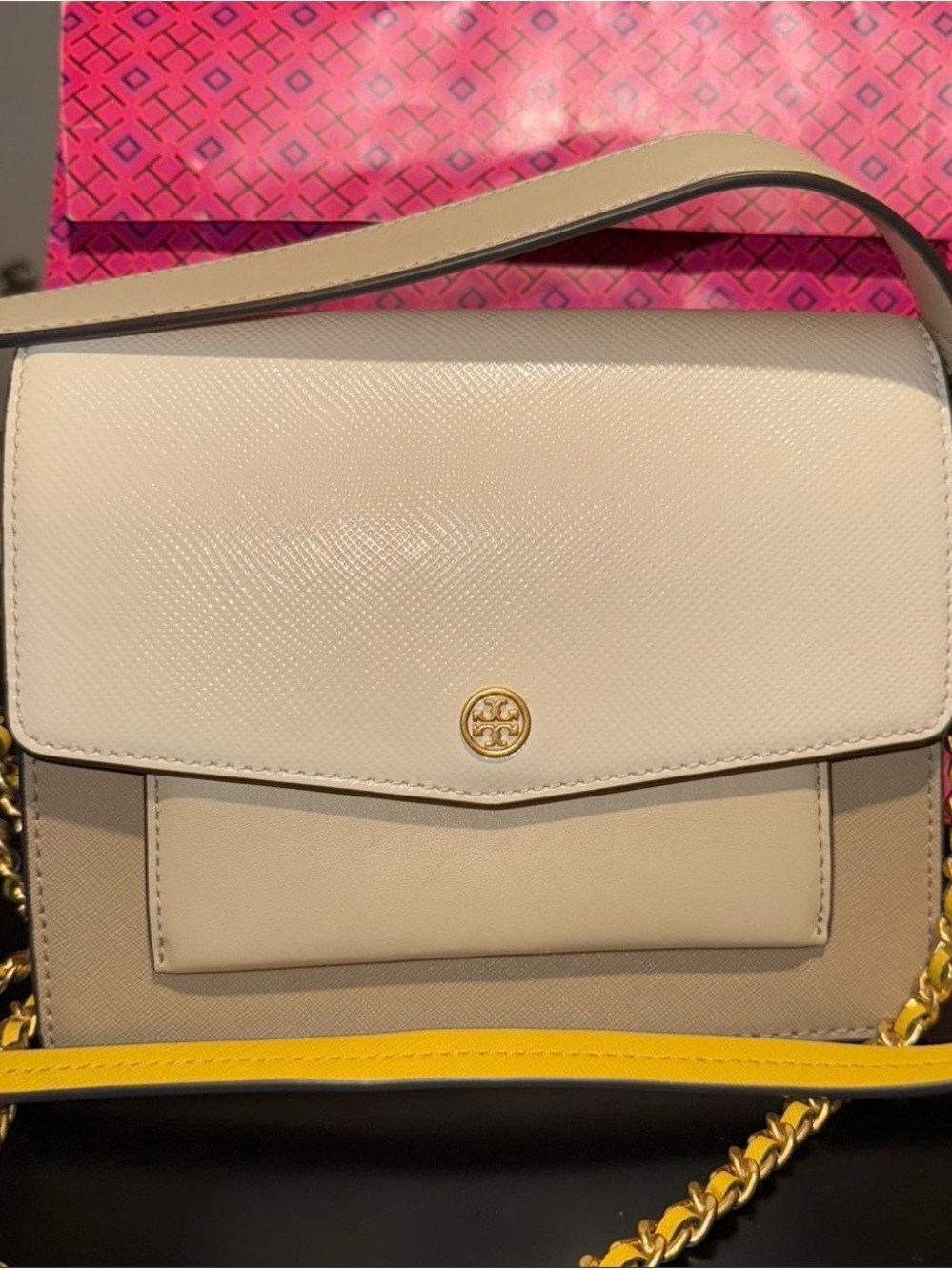 Tory Burch Two-Tone Cream and Yellow Leather Crossbody